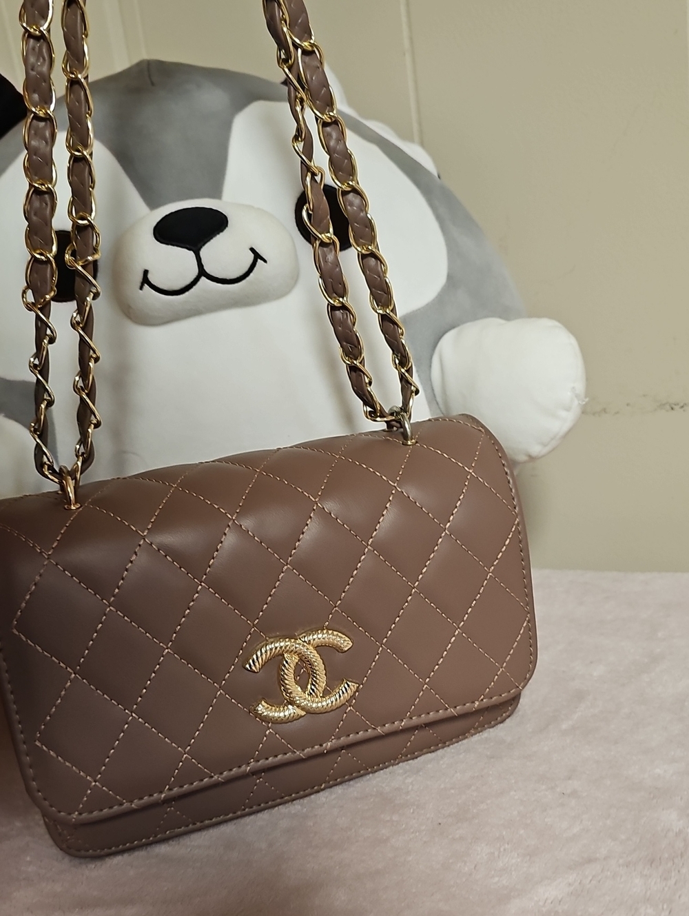 Quilted Taupe Shoulder Bag with Gold Chain Strap